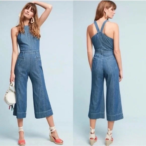 Anthropologie Pilcro Femme Boho Denim Jumpsuit Overalls Wide Leg Crop Sz 10 - Picture 1 of 13